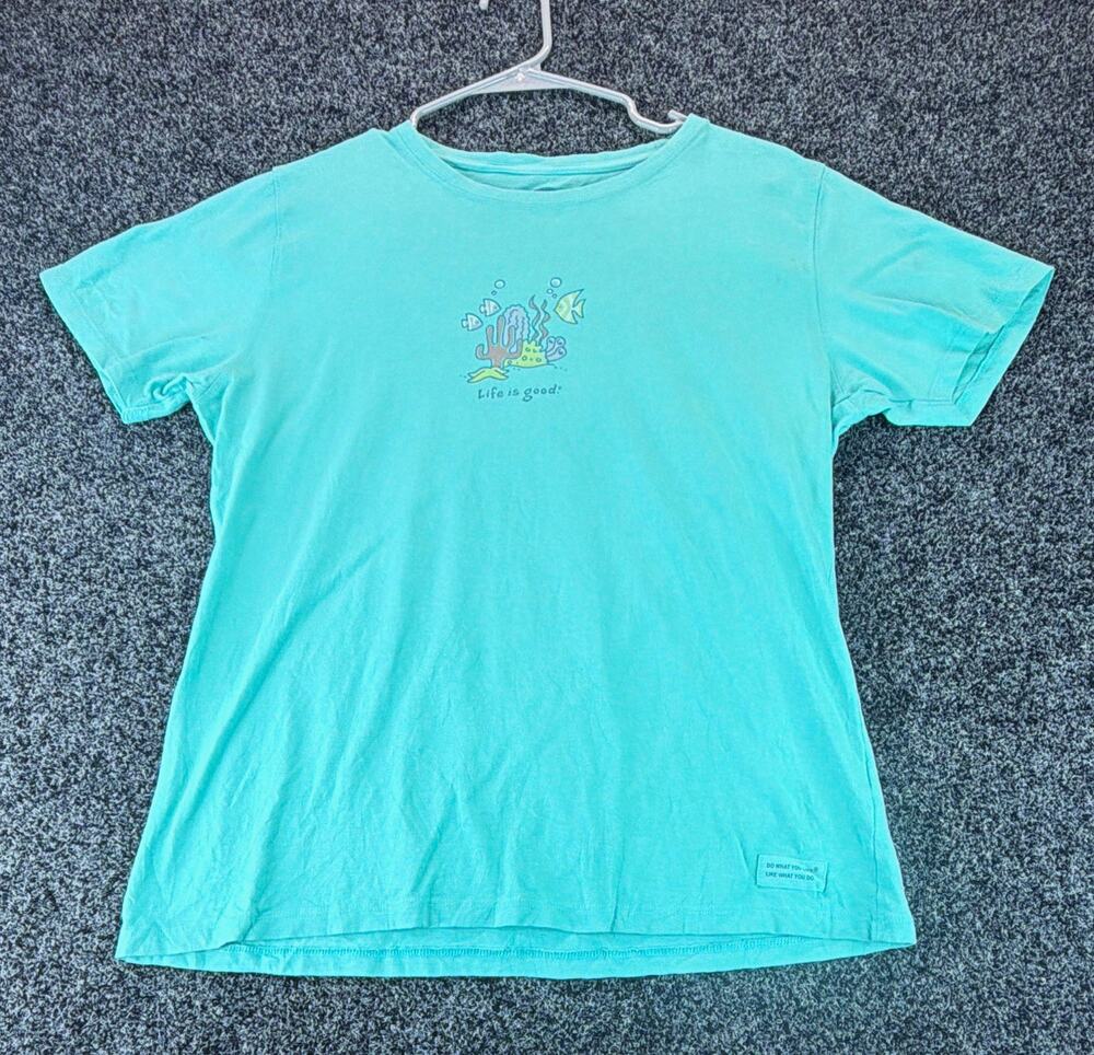 Life is good Women's Turquoise Sea Life Graphic Print Relaxed Tee Crew Neck M